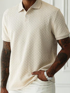 Model wearing geometric jacquard knit polo shirt in black – TARLANO