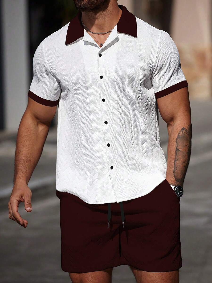 Mens Short Set Contrast Trim Button-Front Shirt and Shorts – Vorlen