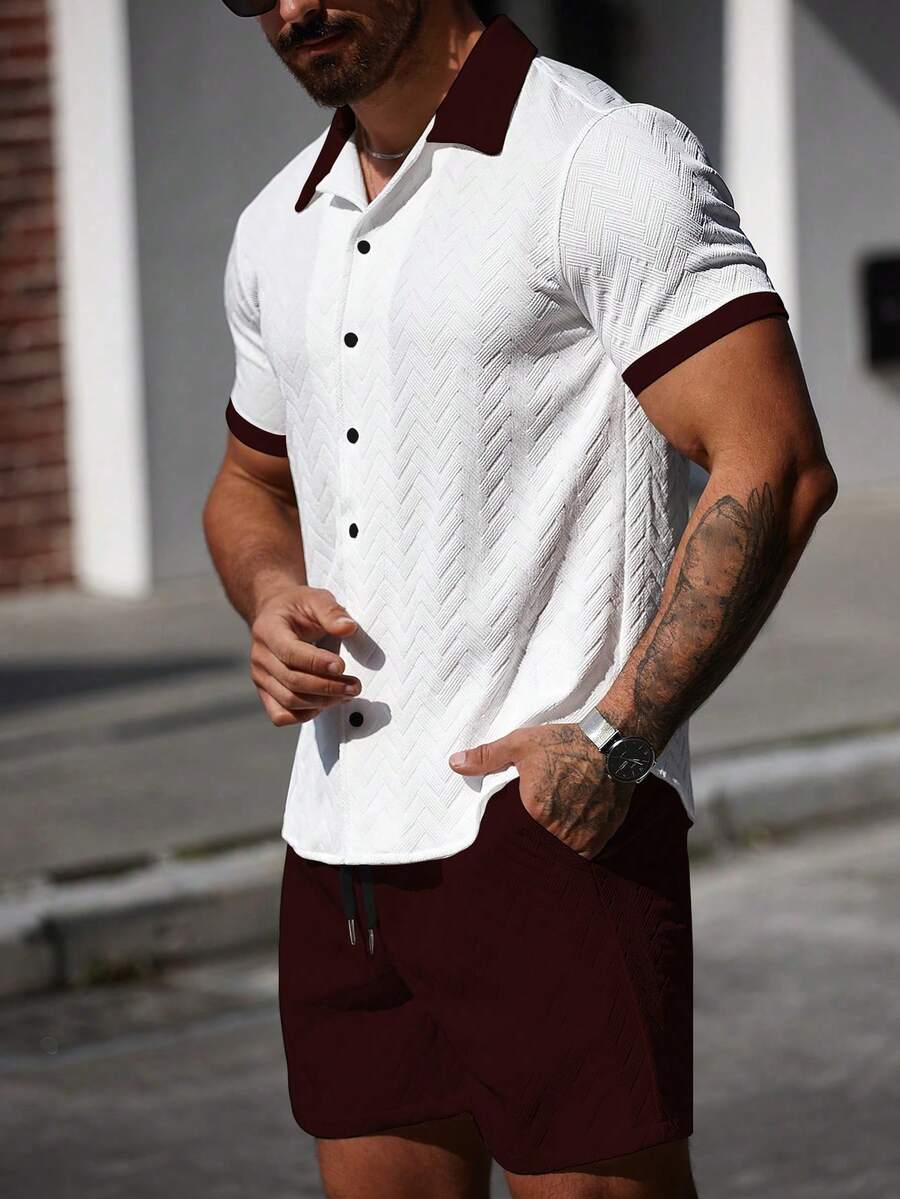 Mens Short Set Contrast Trim Button-Front Shirt and Shorts – Vorlen