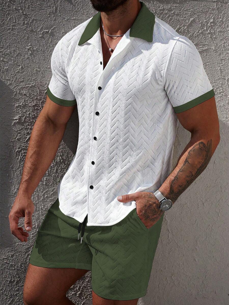 Mens Short Set Contrast Trim Button-Front Shirt and Shorts – Vorlen