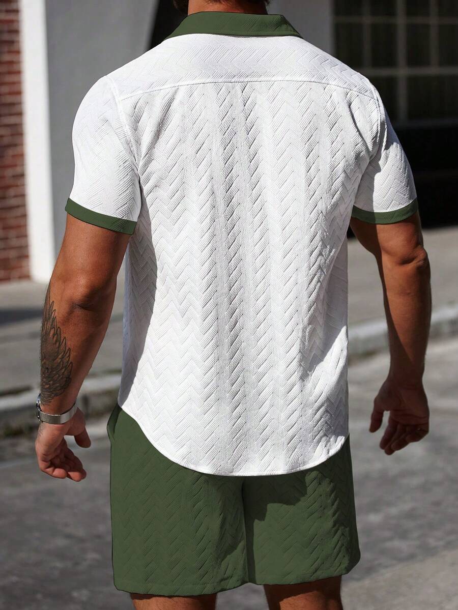 Mens Short Set Contrast Trim Button-Front Shirt and Shorts – Vorlen
