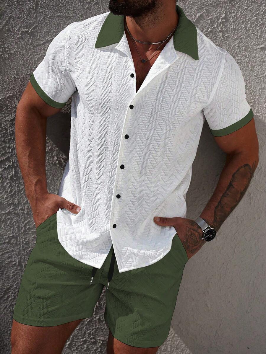 Mens Short Set Contrast Trim Button-Front Shirt and Shorts – Vorlen