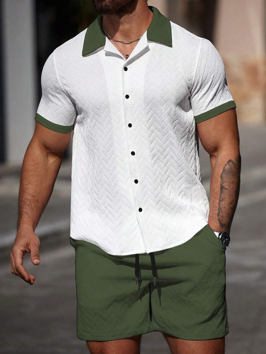 Mens Short Set Contrast Trim Button-Front Shirt and Shorts – Vorlen