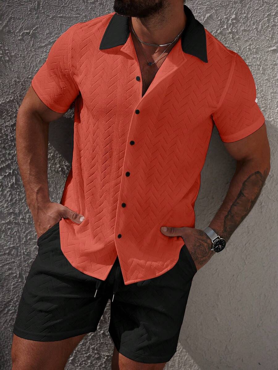 Mens Short Set Contrast Trim Button-Front Shirt and Shorts – Vorlen