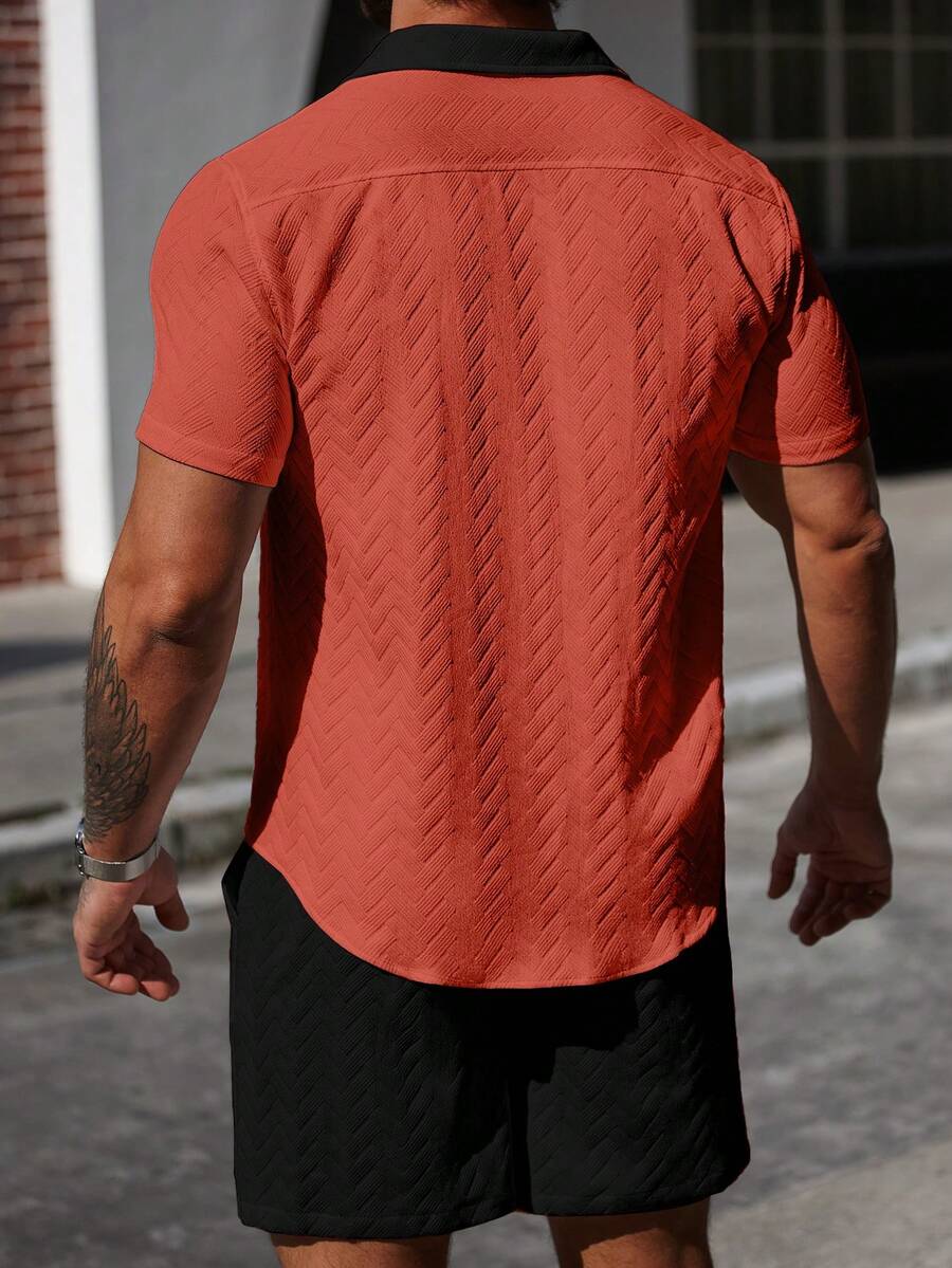 Mens Short Set Contrast Trim Button-Front Shirt and Shorts – Vorlen