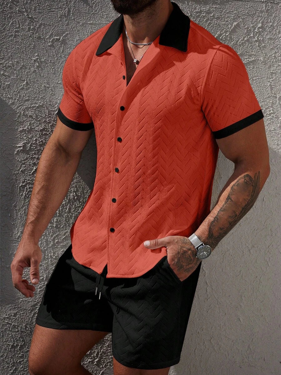 Mens Short Set Contrast Trim Button-Front Shirt and Shorts – Vorlen