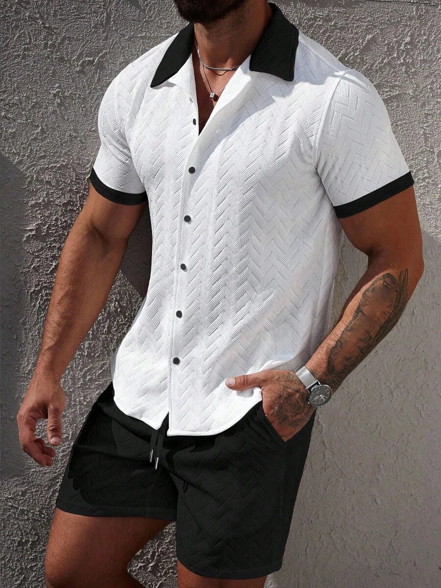 Mens Short Set Contrast Trim Button-Front Shirt and Shorts – Vorlen