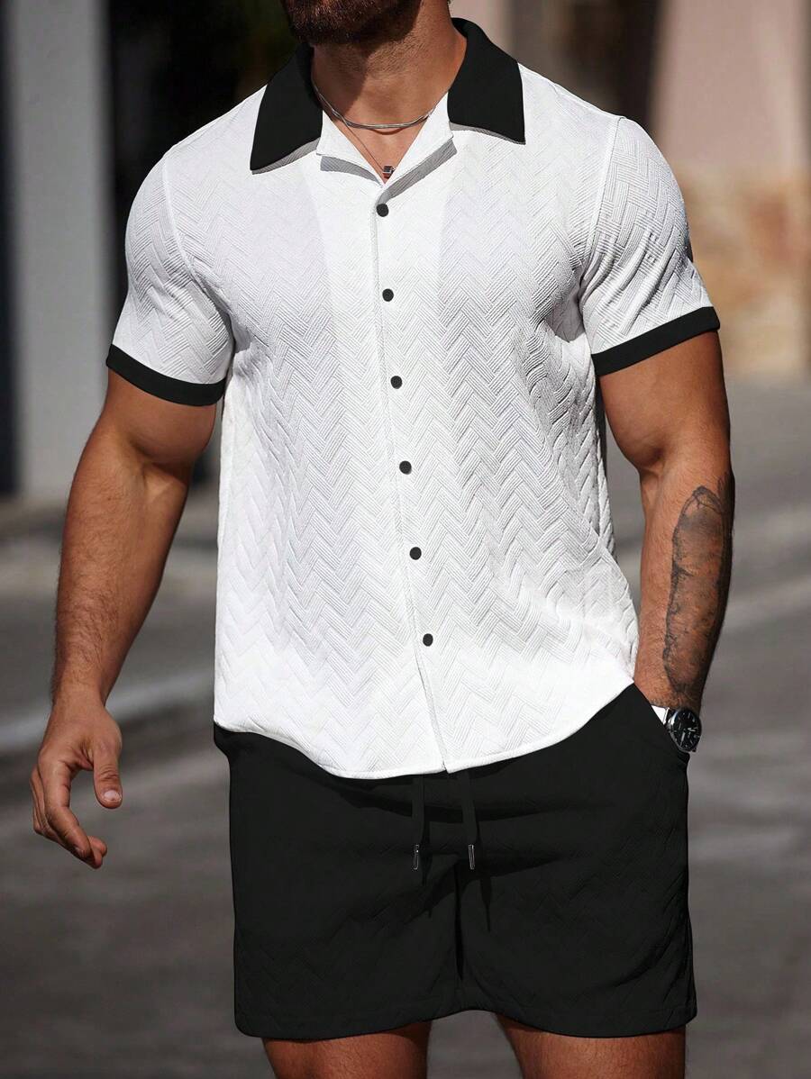 Mens Short Set Contrast Trim Button-Front Shirt and Shorts – Vorlen