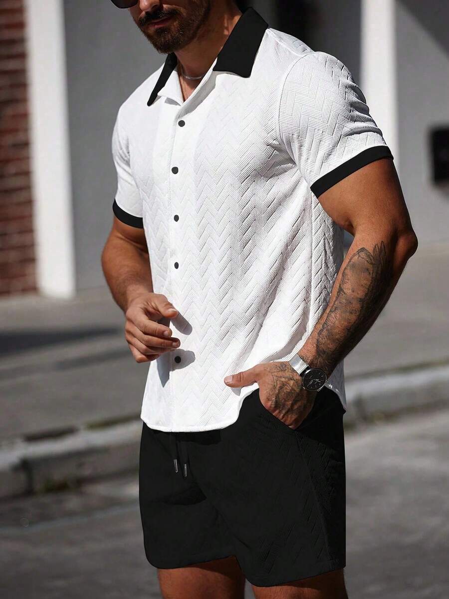 Mens Short Set Contrast Trim Button-Front Shirt and Shorts – Vorlen