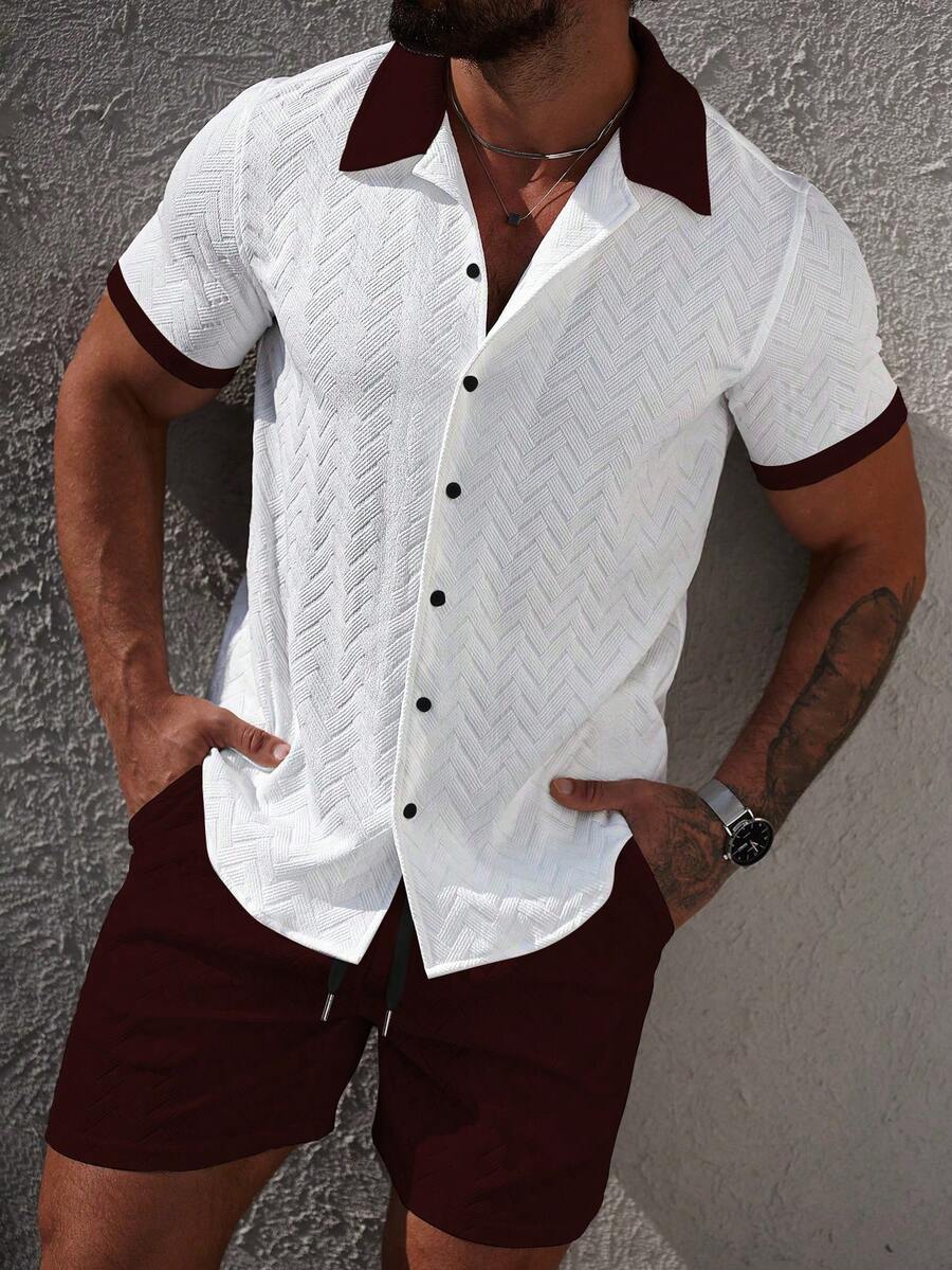 Mens Short Set Contrast Trim Button-Front Shirt and Shorts – Vorlen