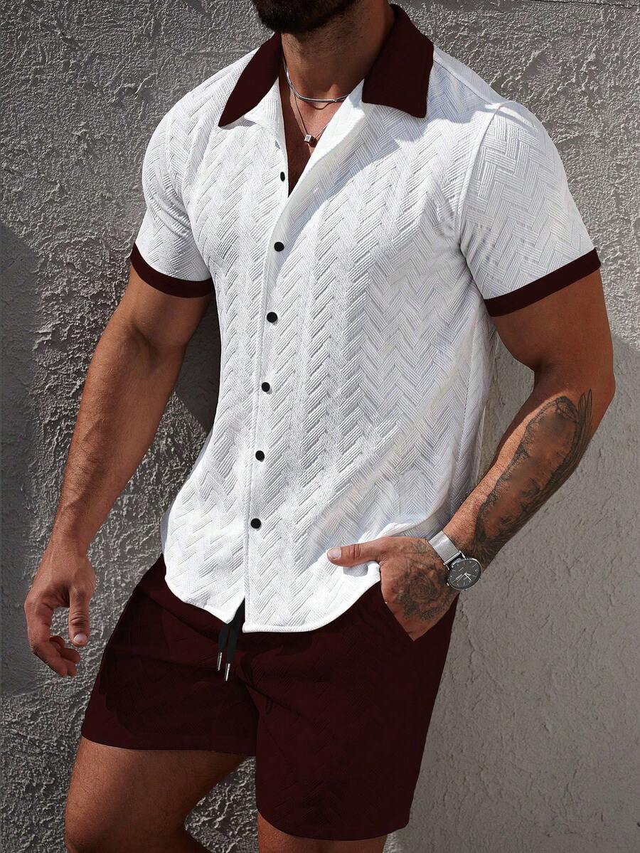 Mens Short Set Contrast Trim Button-Front Shirt and Shorts – Vorlen