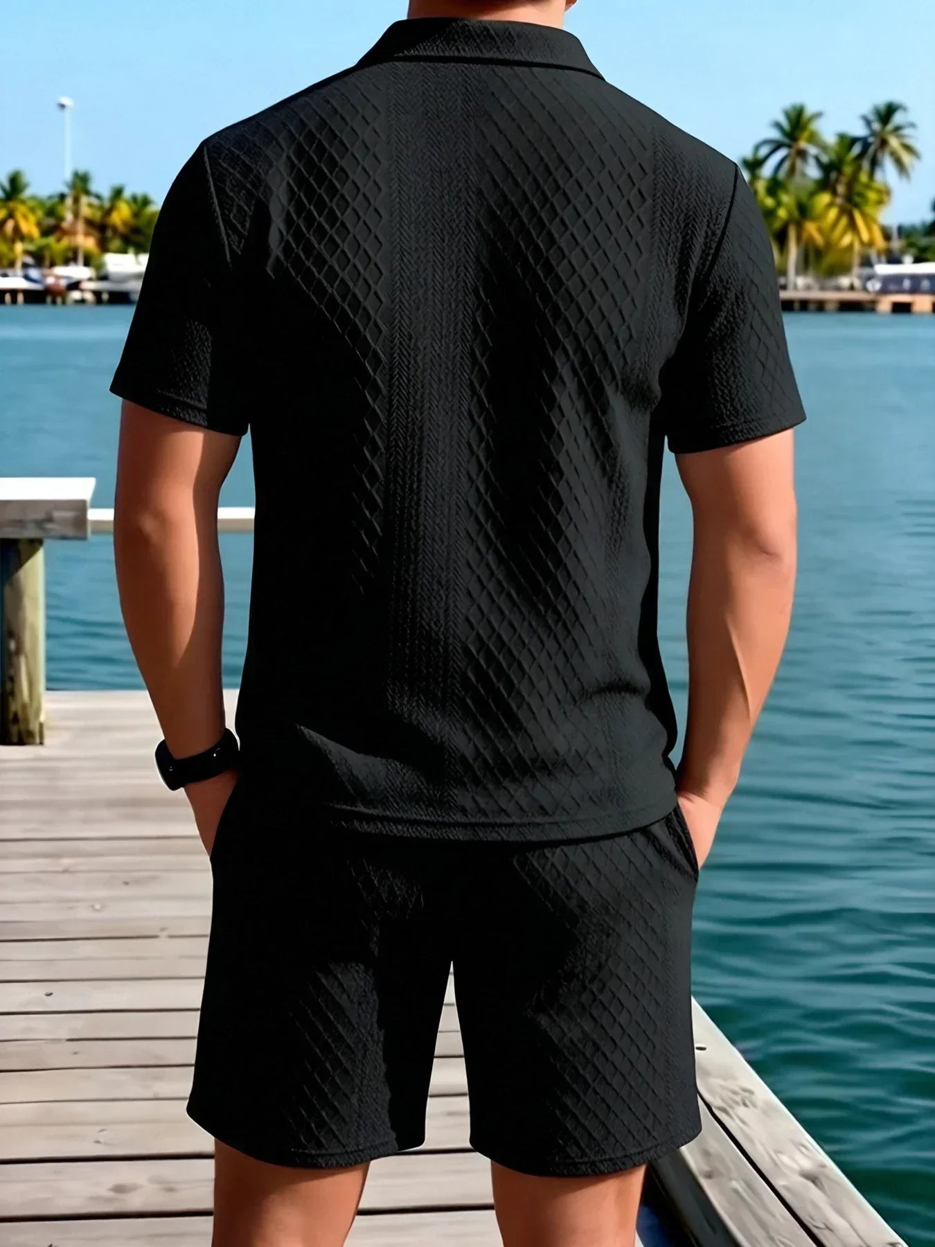 Mens Short Set Knit Polo Collar Diamond Pattern – Aldven