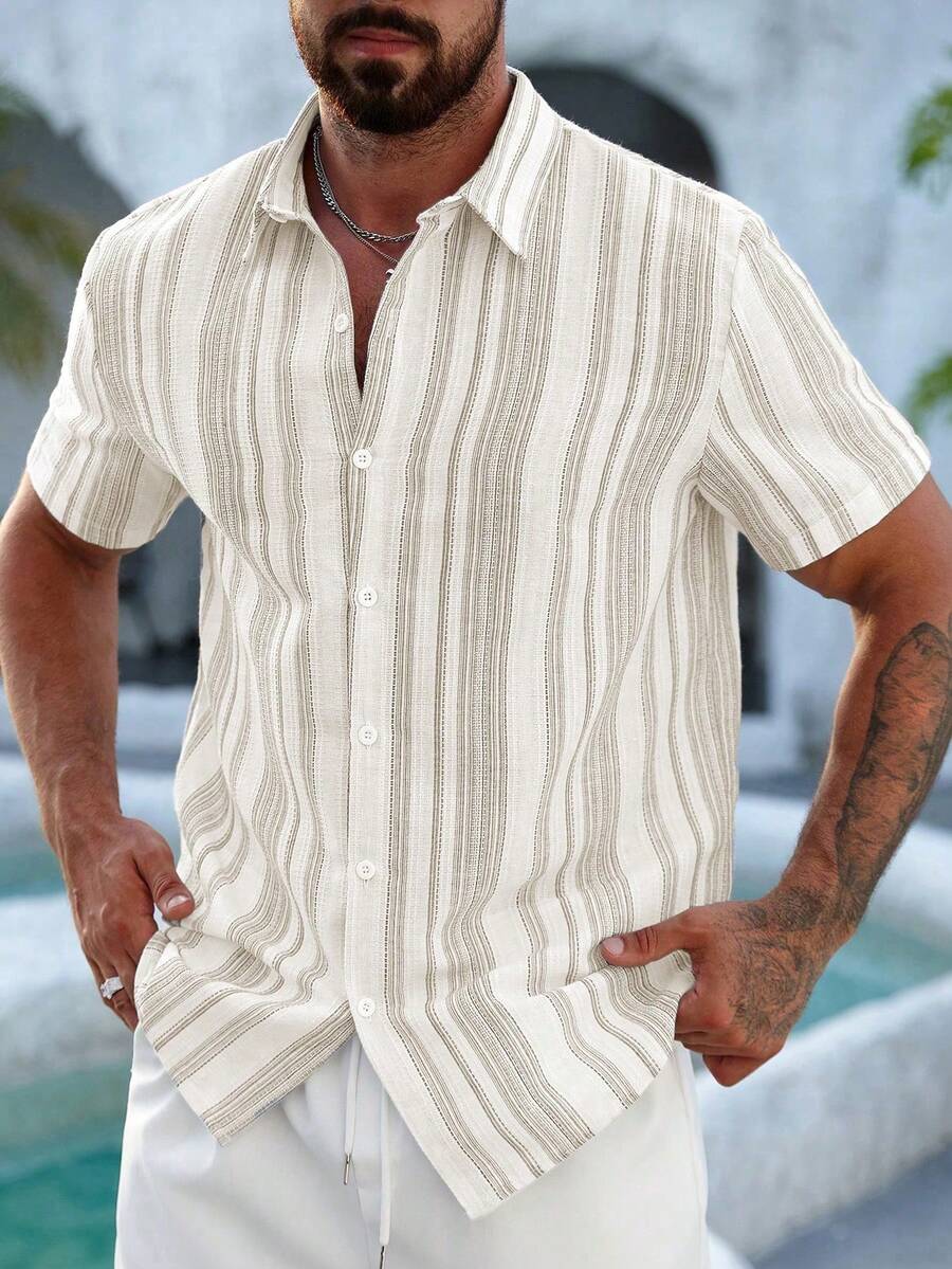 Mens Short Sleeve Button-Down Shirt Polyester Blend Regular Fit – Faldon