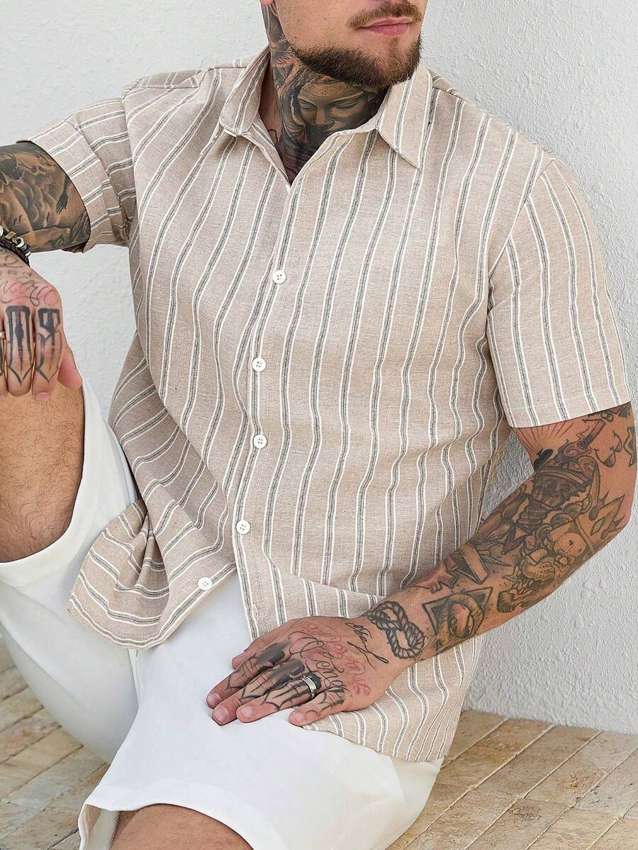 Mens Short Sleeve Button-Down Shirt Polyester Blend Regular Fit – Faldon