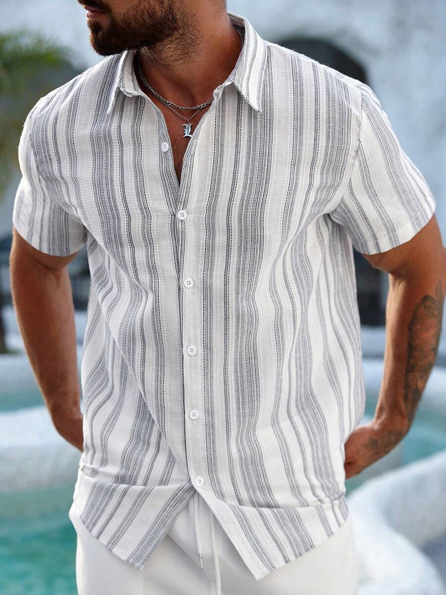 Mens Short Sleeve Button-Down Shirt Polyester Blend Regular Fit – Faldon