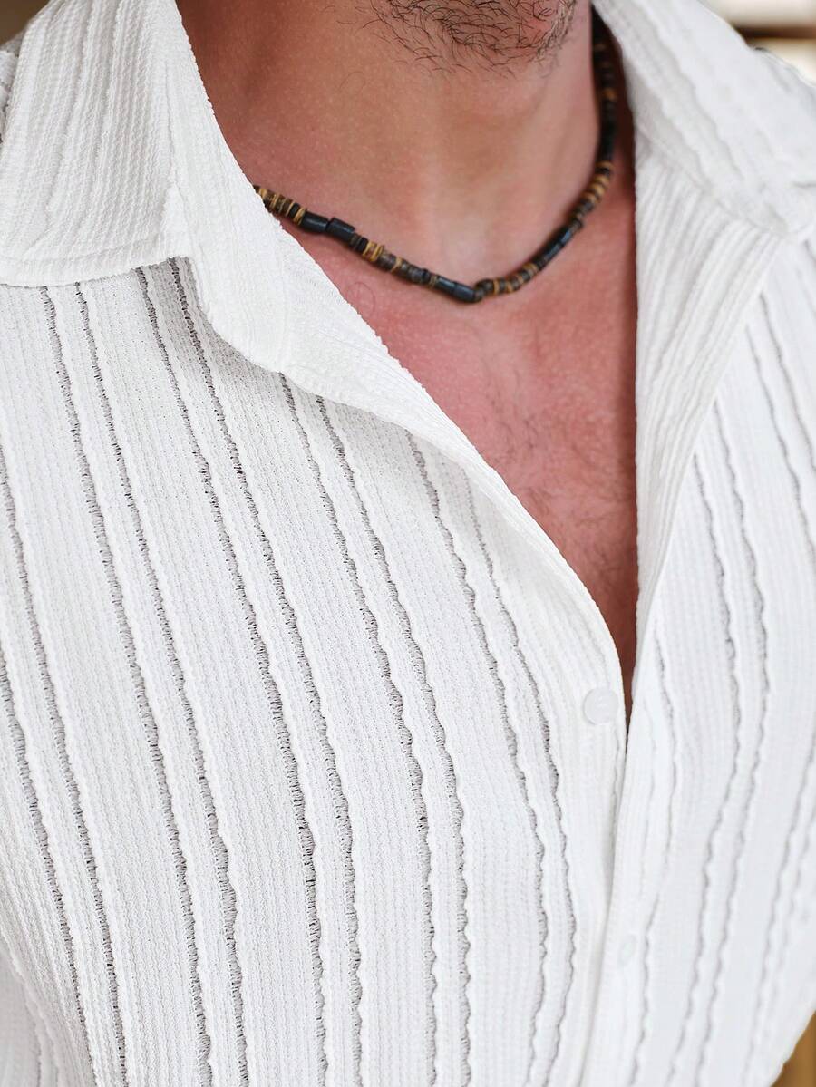 Mens Short Sleeve Crochet Knit Shirt Open Weave Casual Summer