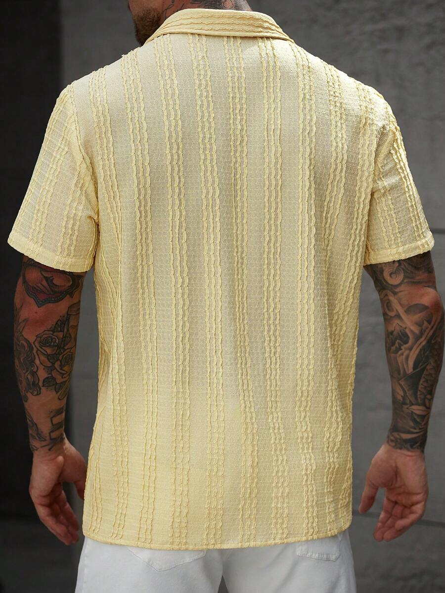 Model wearing crochet knit short sleeve shirt in yellow – TARLANO