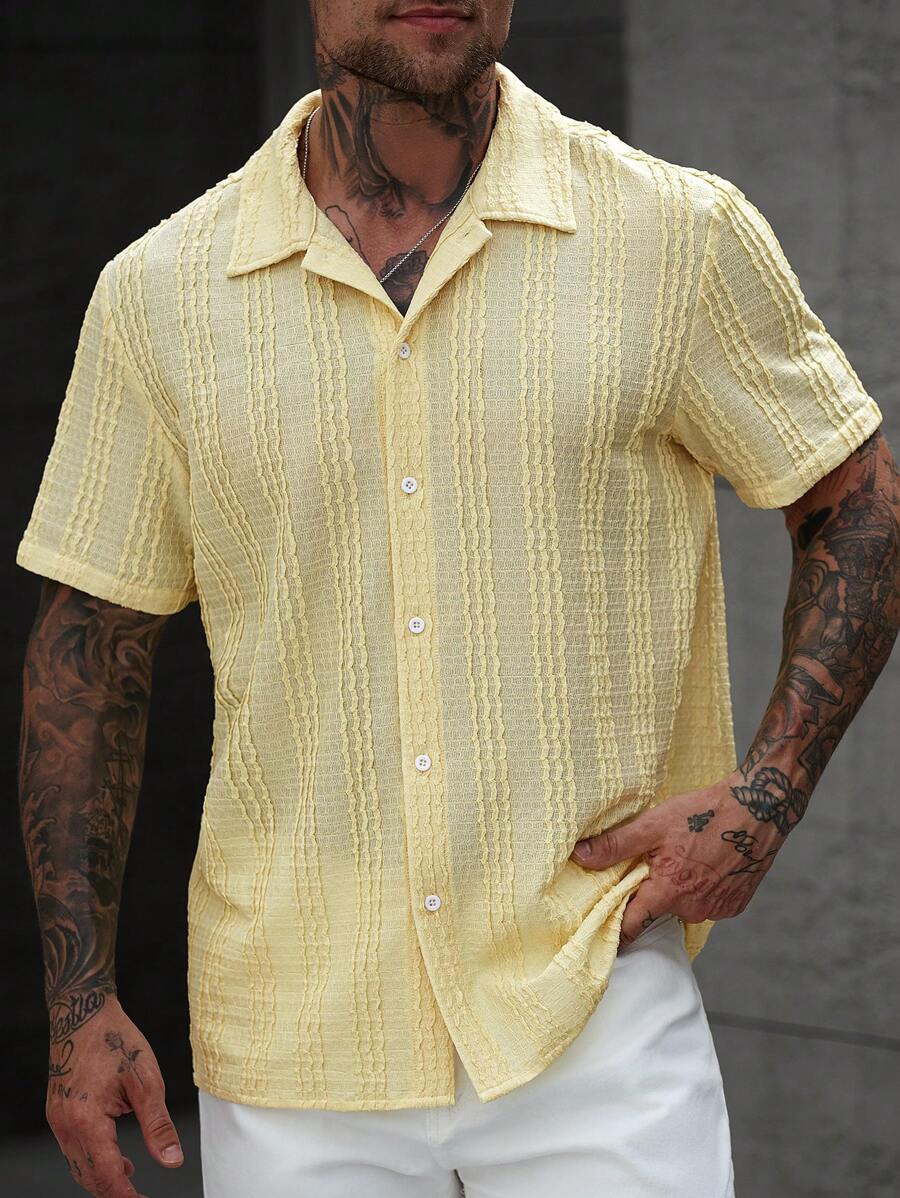 Mens Short Sleeve Crochet Knit Shirt Open Weave Casual Summer