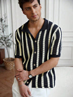 Mens Short Sleeve Crochet Knit Shirt Stripe Button Front – Drenval