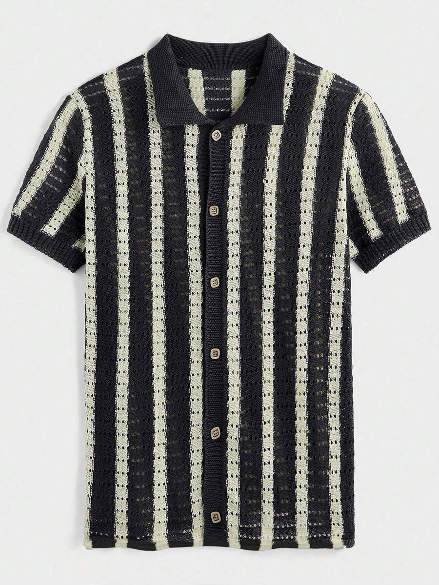 Mens Short Sleeve Crochet Knit Shirt Stripe Button Front – Drenval