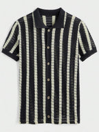 Mens Short Sleeve Crochet Knit Shirt Stripe Button Front – Drenval