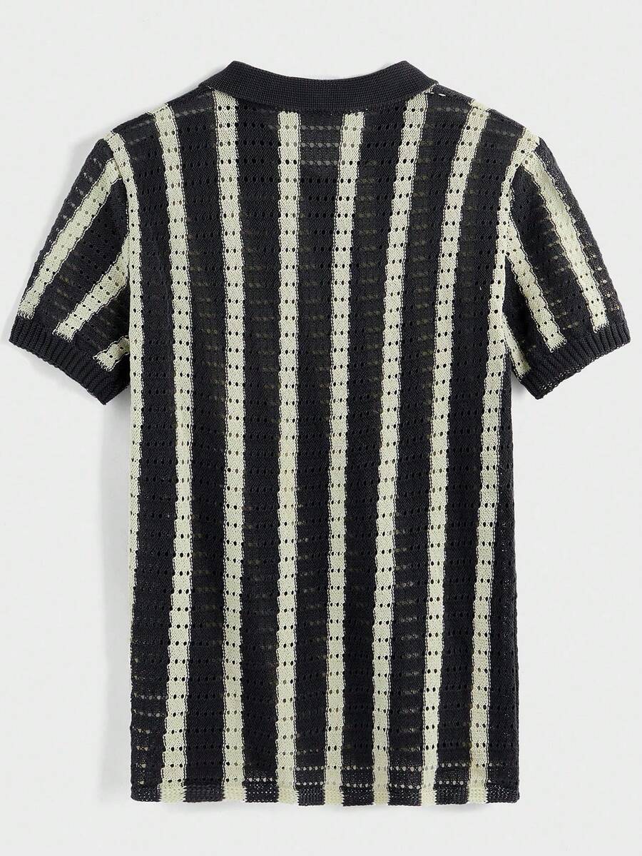 Mens Short Sleeve Crochet Knit Shirt Stripe Button Front – Drenval