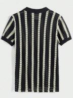 Mens Short Sleeve Crochet Knit Shirt Stripe Button Front – Drenval