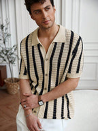 Mens Short Sleeve Crochet Knit Shirt Stripe Button Front – Drenval