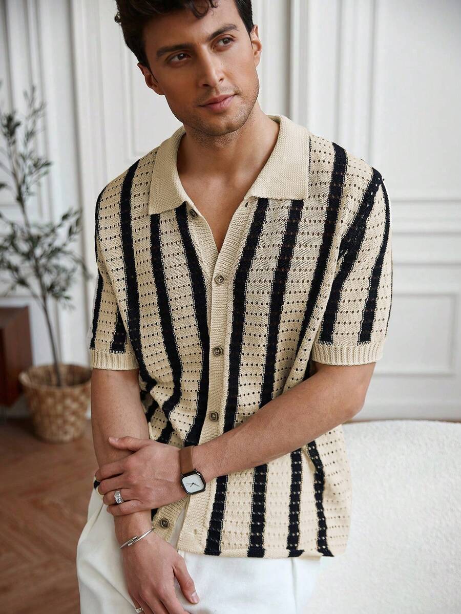 Mens Short Sleeve Crochet Knit Shirt Stripe Button Front – Drenval