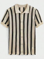 Mens Short Sleeve Crochet Knit Shirt Stripe Button Front – Drenval