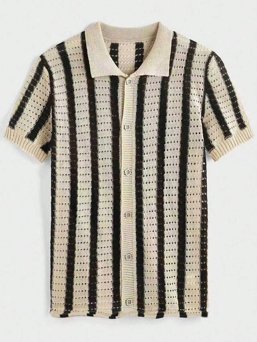 Mens Short Sleeve Crochet Knit Shirt Stripe Button Front – Drenval