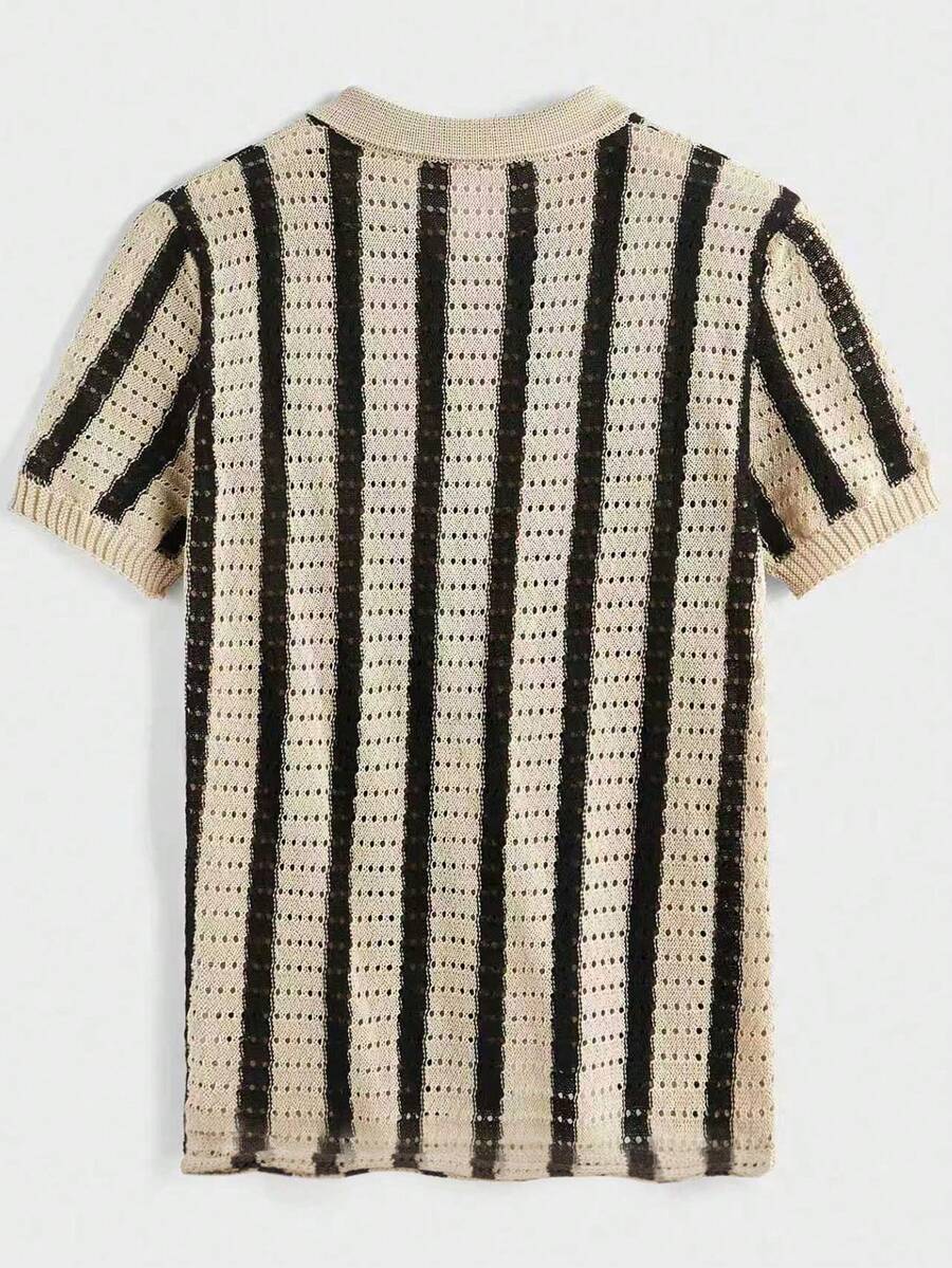 Mens Short Sleeve Crochet Knit Shirt Stripe Button Front – Drenval