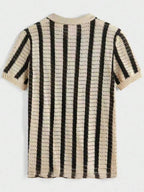 Mens Short Sleeve Crochet Knit Shirt Stripe Button Front – Drenval