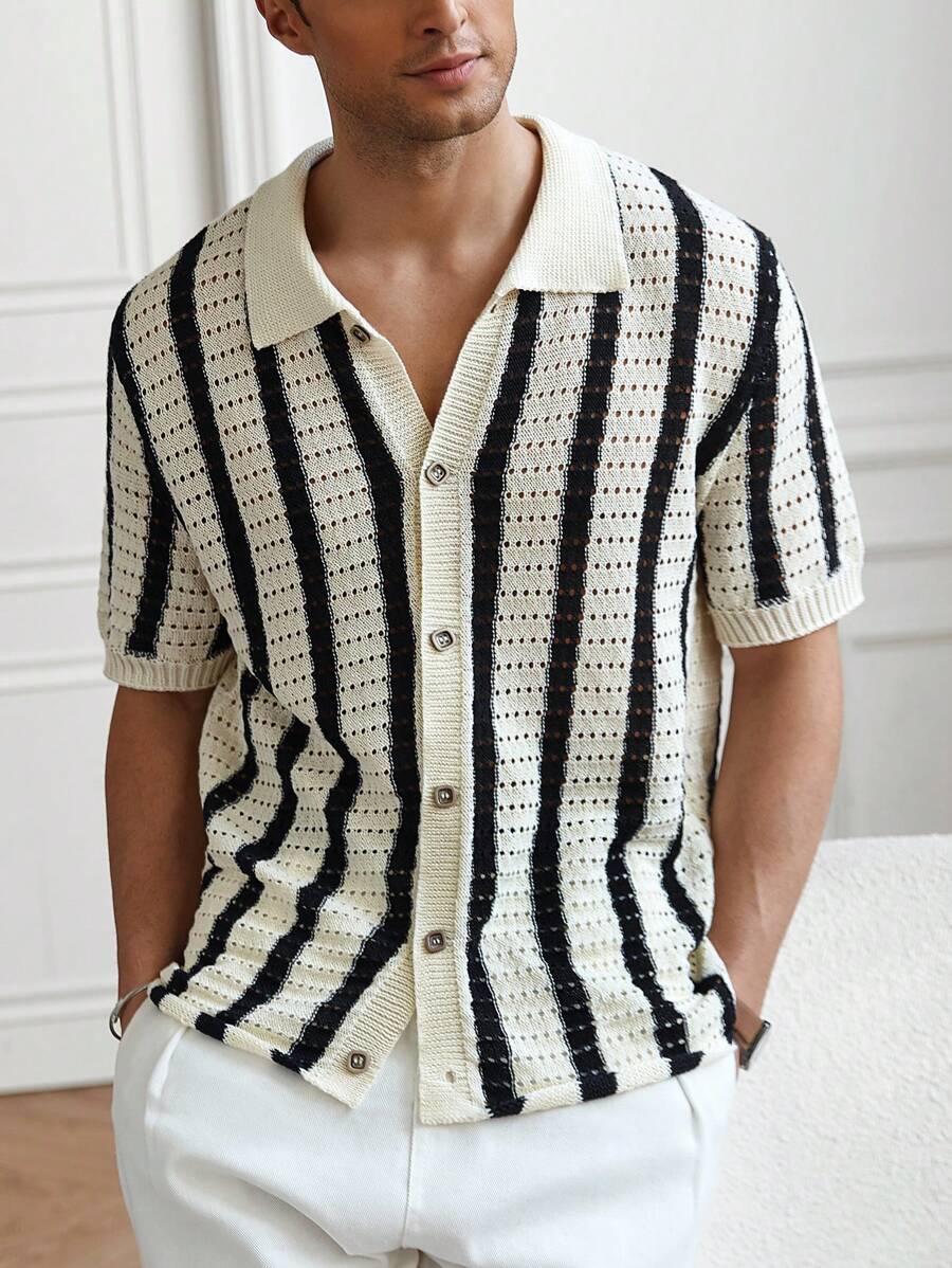 Model wearing crochet knit stripe shirt in multicolor – TARLANO