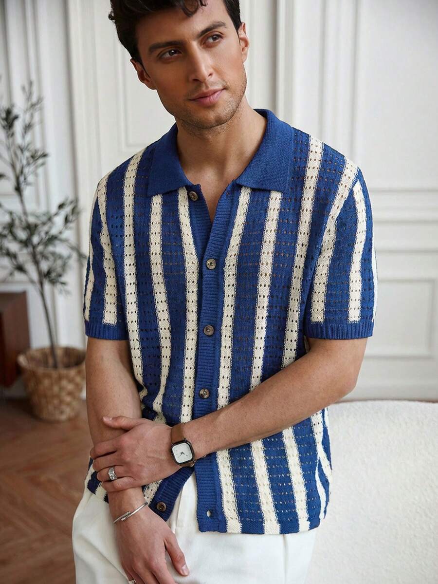 Mens Short Sleeve Crochet Knit Shirt Stripe Button Front – Drenval
