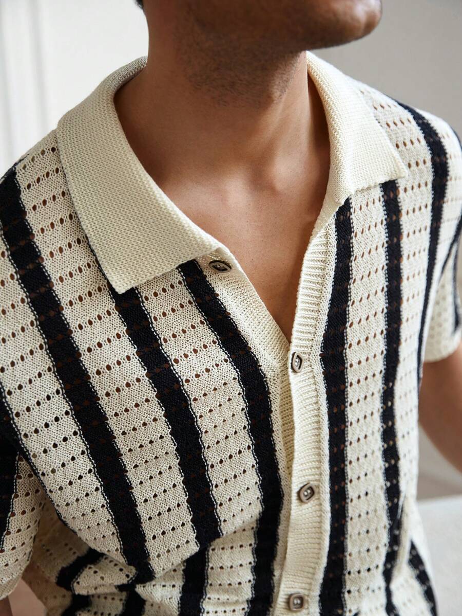 Mens Short Sleeve Crochet Knit Shirt Stripe Button Front – Drenval