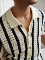 Mens Short Sleeve Crochet Knit Shirt Stripe Button Front – Drenval