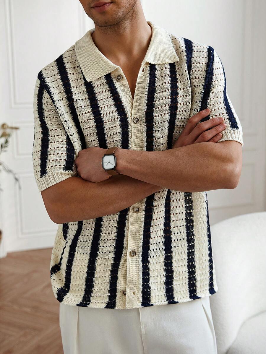 Mens Short Sleeve Crochet Knit Shirt Stripe Button Front – Drenval