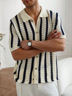 Mens Short Sleeve Crochet Knit Shirt Stripe Button Front – Drenval