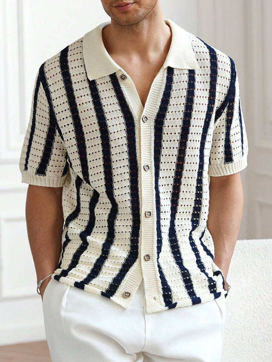 Mens Short Sleeve Crochet Knit Shirt Stripe Button Front – Drenval