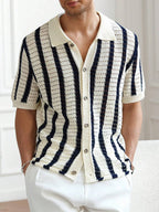 Mens Short Sleeve Crochet Knit Shirt Stripe Button Front – Drenval