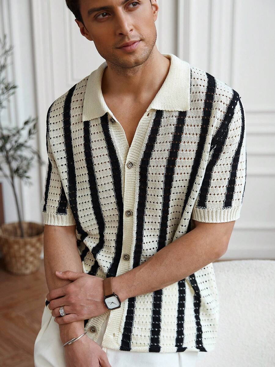 Mens Short Sleeve Crochet Knit Shirt Stripe Button Front – Drenval