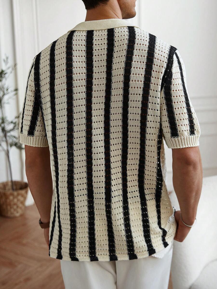 Mens Short Sleeve Crochet Knit Shirt Stripe Button Front – Drenval