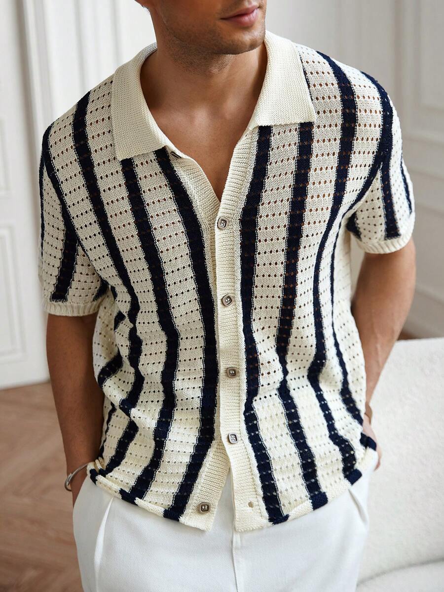 Mens Short Sleeve Crochet Knit Shirt Stripe Button Front – Drenval