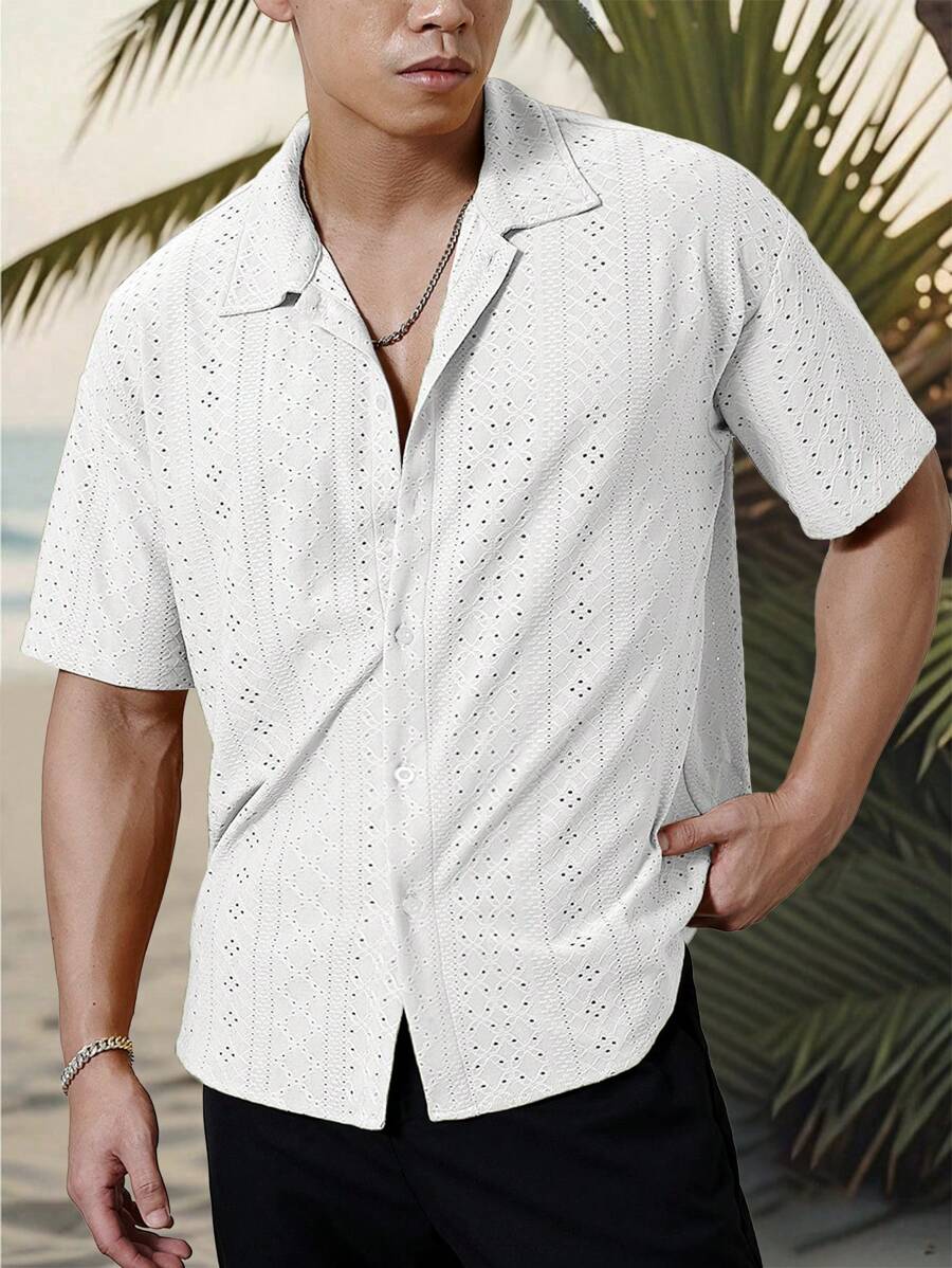 Mens Short Sleeve Crochet Shirt Jacquard Stripe Loose Fit – Darco