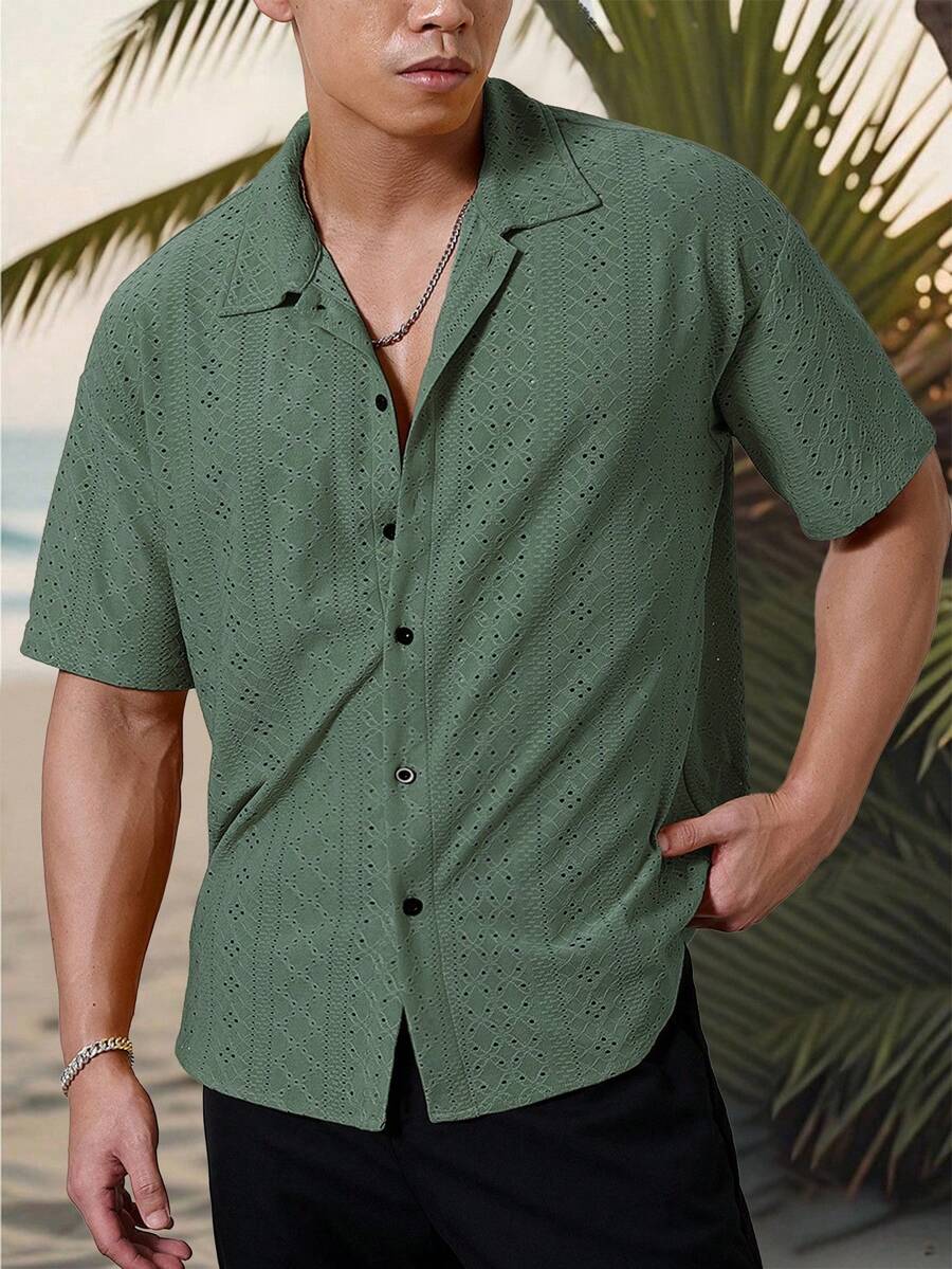 Mens Short Sleeve Crochet Shirt Jacquard Stripe Loose Fit – Darco