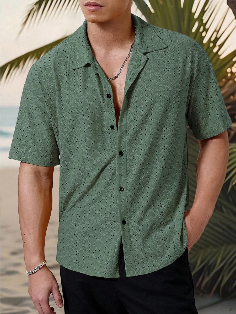 Mens Short Sleeve Crochet Shirt Jacquard Stripe Loose Fit – Darco