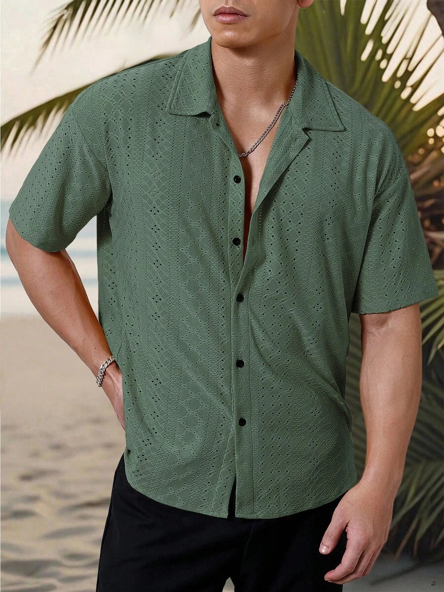 Mens Short Sleeve Crochet Shirt Jacquard Stripe Loose Fit – Darco
