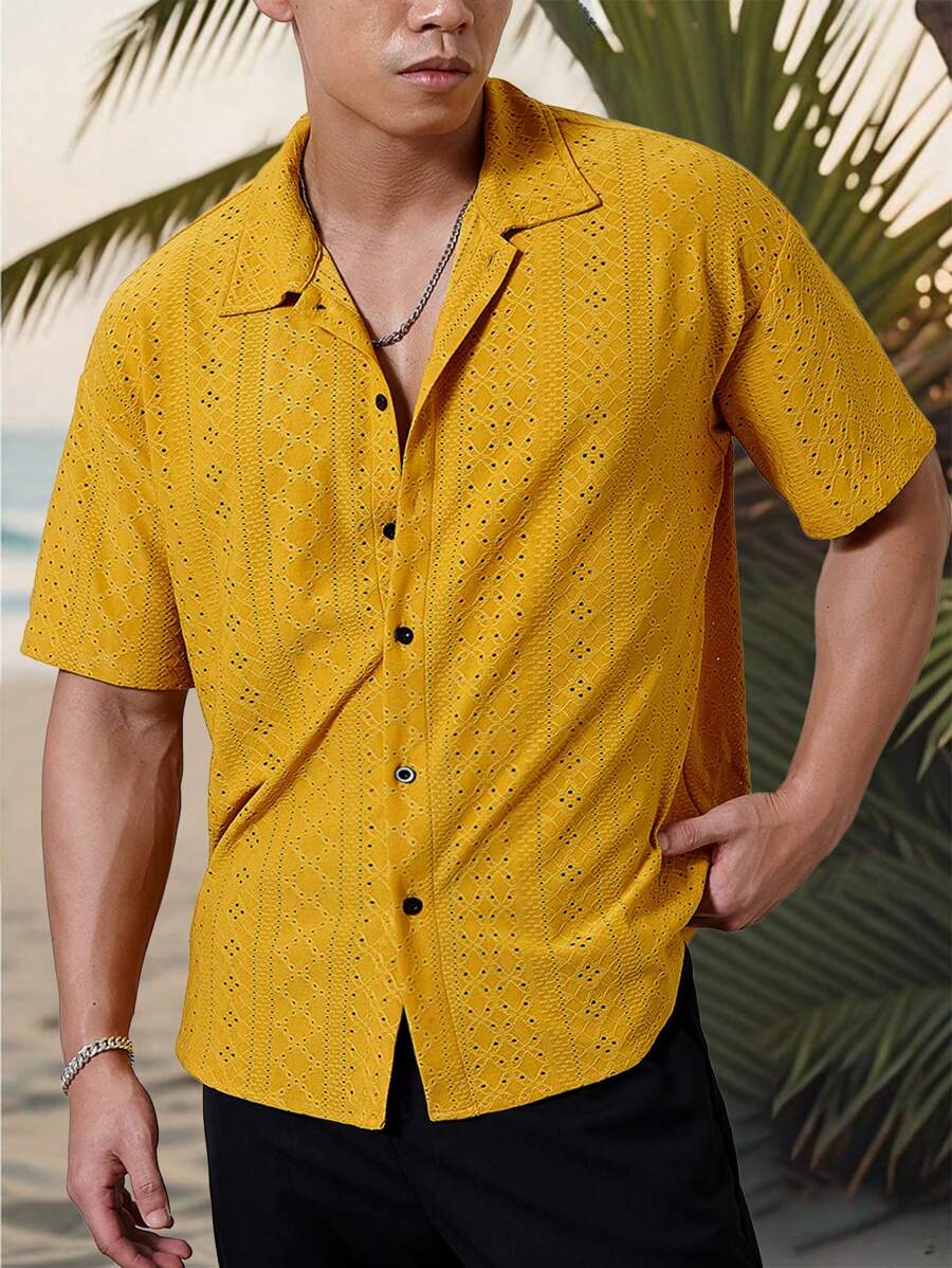 Mens Short Sleeve Crochet Shirt Jacquard Stripe Loose Fit – Darco