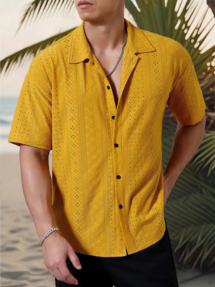 Mens Short Sleeve Crochet Shirt Jacquard Stripe Loose Fit – Darco
